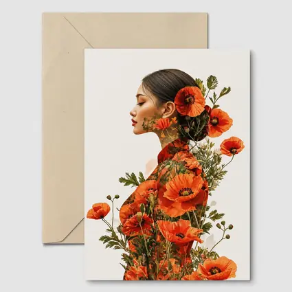 Woman Double Exposure Red Poppies Floral Art