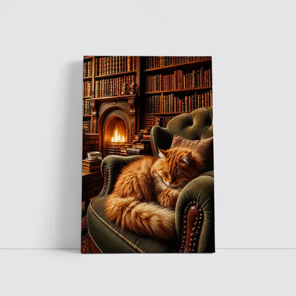 Orange Cat Sleeping in Cozy Library Armchair