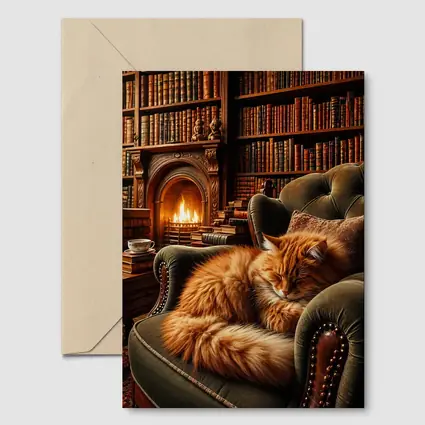 Orange Cat Sleeping in Cozy Library Armchair