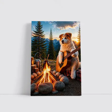 Dog Playing Guitar By Mountain Campfire