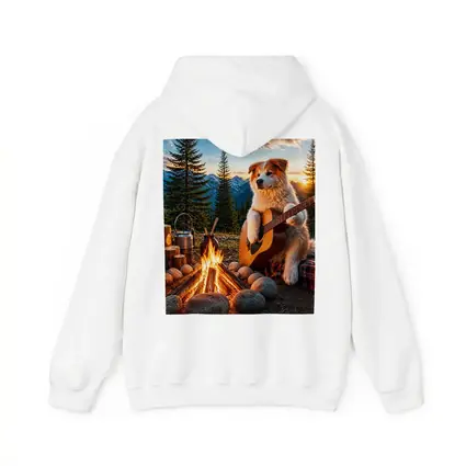 Dog Playing Guitar By Mountain Campfire