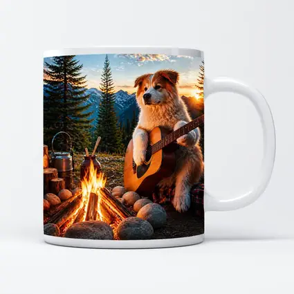 Dog Playing Guitar By Mountain Campfire