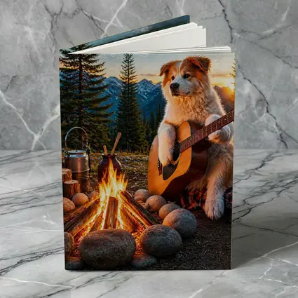Dog Playing Guitar By Mountain Campfire