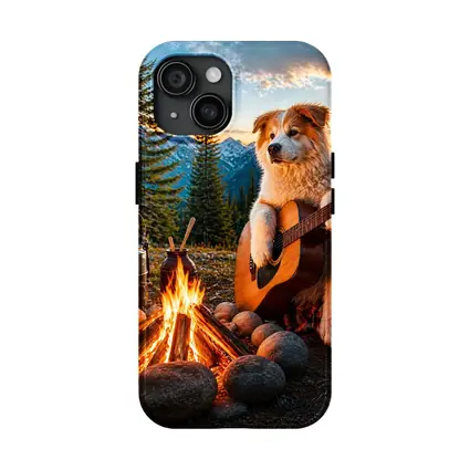 Dog Playing Guitar By Mountain Campfire