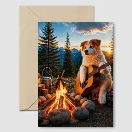 Dog Playing Guitar By Mountain Campfire