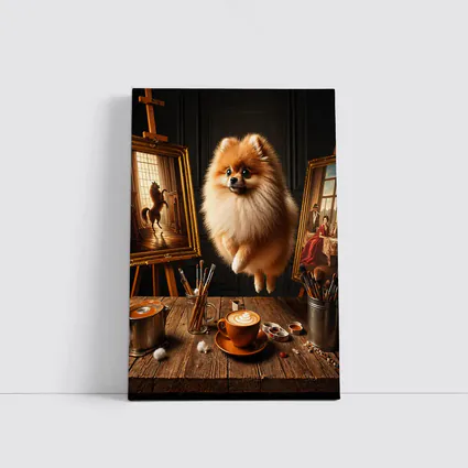 Pomeranian Dog Floating Over Artist Studio