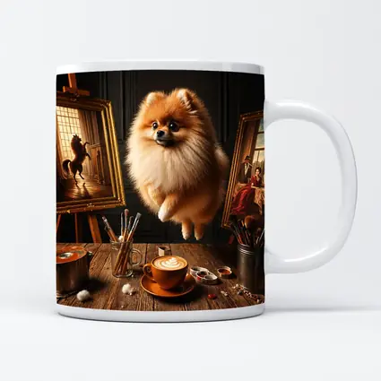 Pomeranian Dog Floating Over Artist Studio