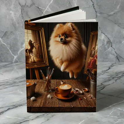 Pomeranian Dog Floating Over Artist Studio