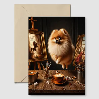 Pomeranian Dog Floating Over Artist Studio