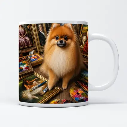 Pomeranian Dog Surrounded by Classic Paintings