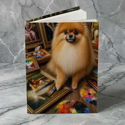 Pomeranian Dog Surrounded by Classic Paintings