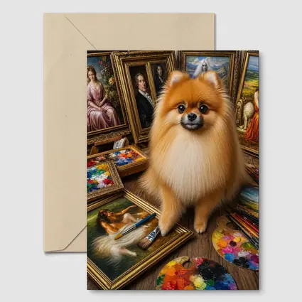 Pomeranian Dog Surrounded by Classic Paintings