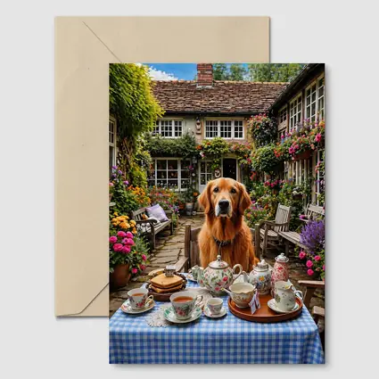 Golden Retriever Afternoon Tea Cottage Garden
