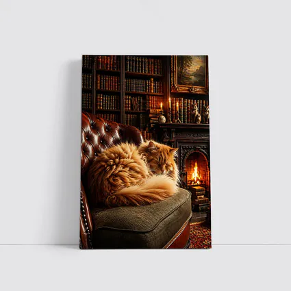 Fluffy Orange Cat Sleeping By Fireplace Library