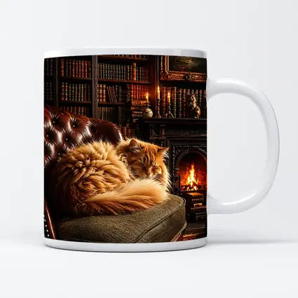 Fluffy Orange Cat Sleeping By Fireplace Library