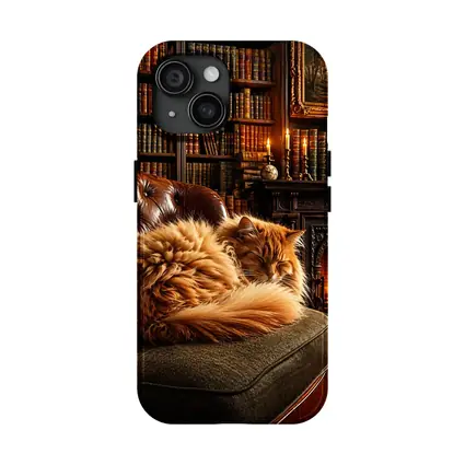Fluffy Orange Cat Sleeping By Fireplace Library
