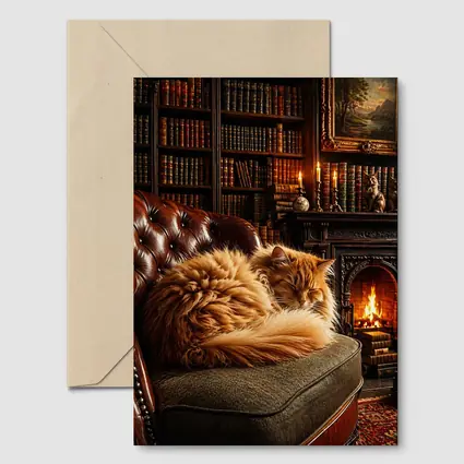Fluffy Orange Cat Sleeping By Fireplace Library