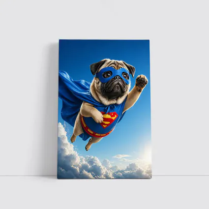 Pug Superhero Flying Blue Sky Clouds