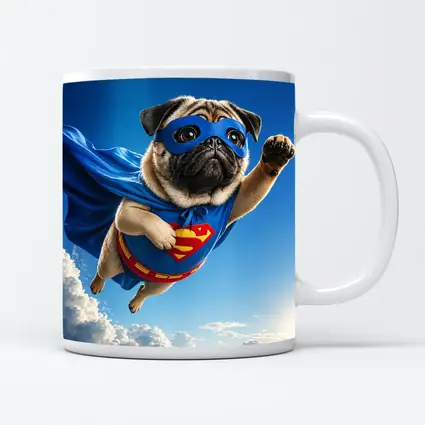 Pug Superhero Flying Blue Sky Clouds