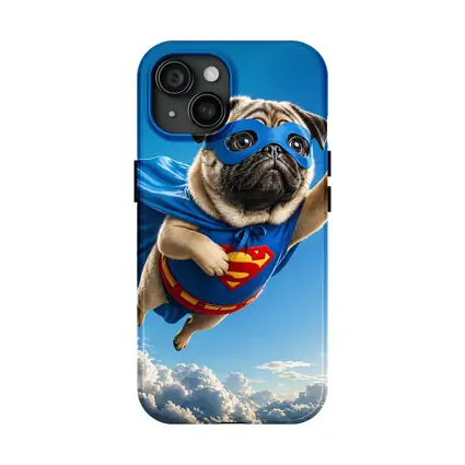 Pug Superhero Flying Blue Sky Clouds