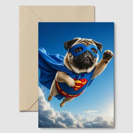Pug Superhero Flying Blue Sky Clouds