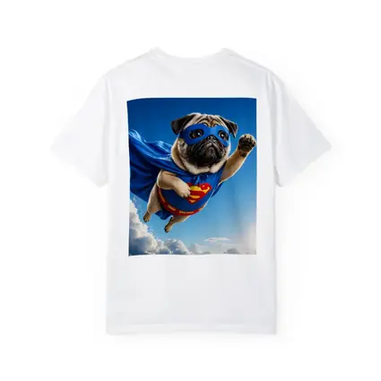 Pug Superhero Flying Blue Sky Clouds