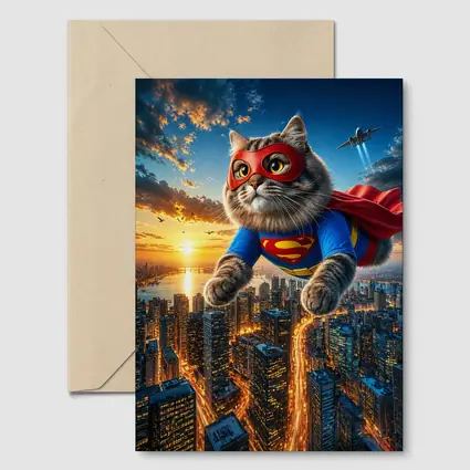 Ragdoll Superhero Cat Flying Over City