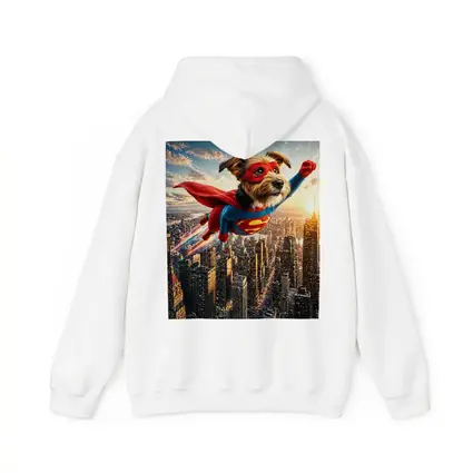 Superhero Dog Flying Over City Skyline