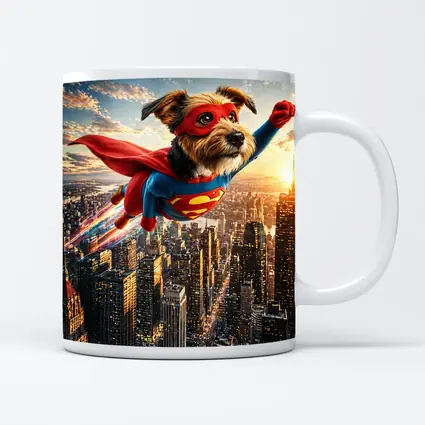 Superhero Dog Flying Over City Skyline