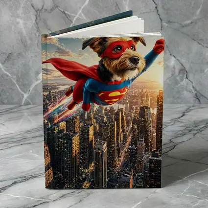 Superhero Dog Flying Over City Skyline