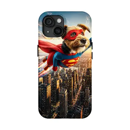 Superhero Dog Flying Over City Skyline