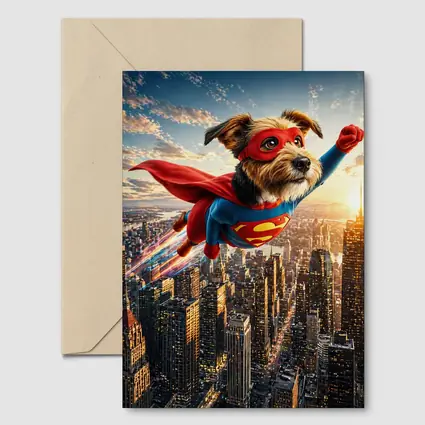 Superhero Dog Flying Over City Skyline