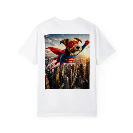 Superhero Dog Flying Over City Skyline