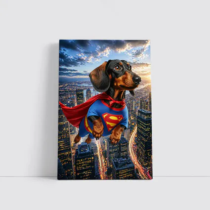 Dachshund Superman Flying Over City Skyline