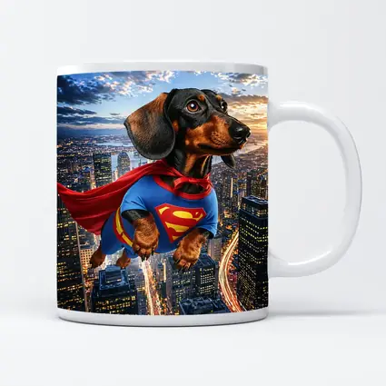 Dachshund Superman Flying Over City Skyline