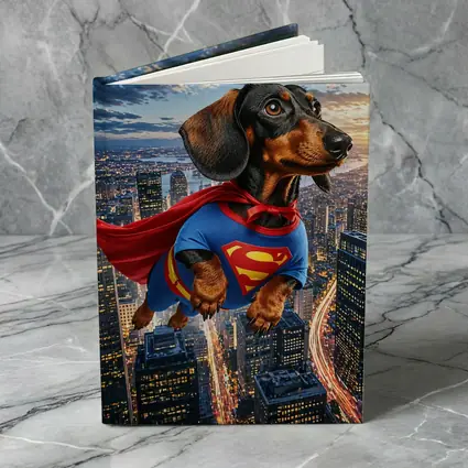 Dachshund Superman Flying Over City Skyline