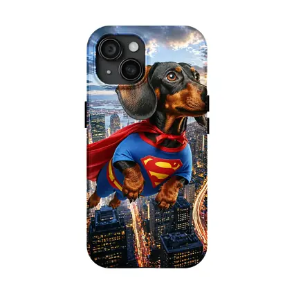Dachshund Superman Flying Over City Skyline