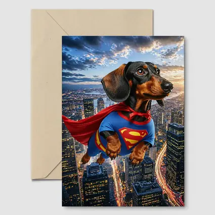 Dachshund Superman Flying Over City Skyline