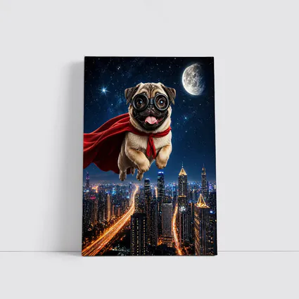 Superhero Pug Flying Over Night City