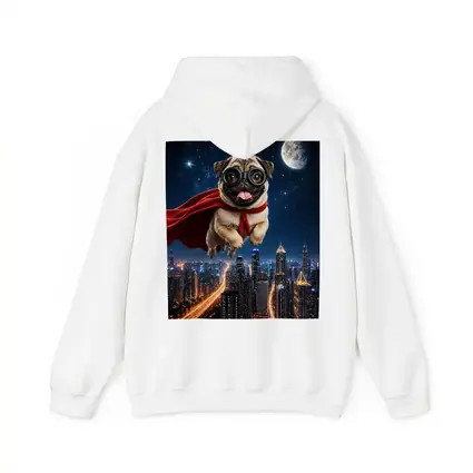 Superhero Pug Flying Over Night City