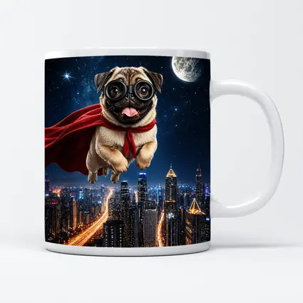 Superhero Pug Flying Over Night City