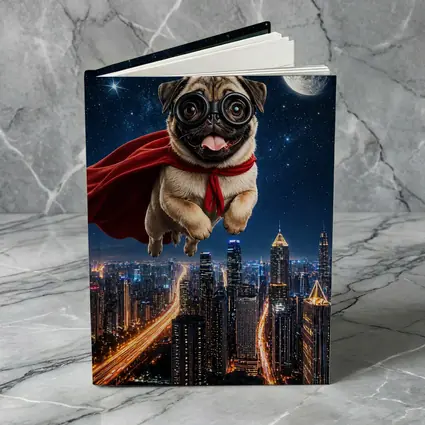 Superhero Pug Flying Over Night City