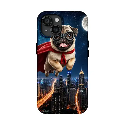 Superhero Pug Flying Over Night City