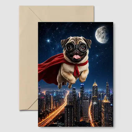 Superhero Pug Flying Over Night City