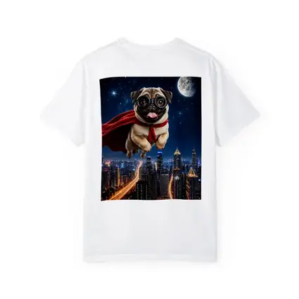 Superhero Pug Flying Over Night City