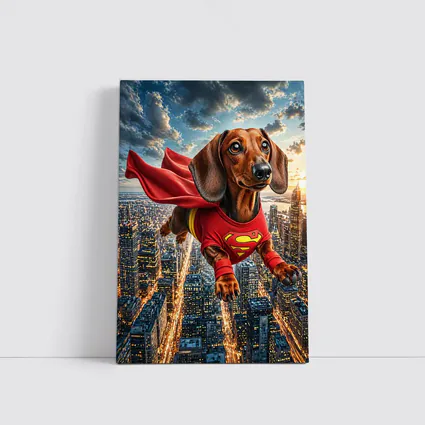 Dachshund Superhero Flying Over City Skyline