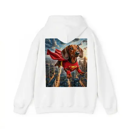 Dachshund Superhero Flying Over City Skyline