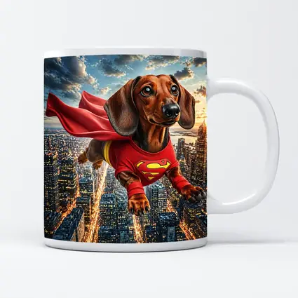 Dachshund Superhero Flying Over City Skyline