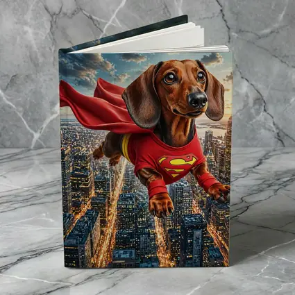 Dachshund Superhero Flying Over City Skyline