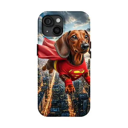 Dachshund Superhero Flying Over City Skyline